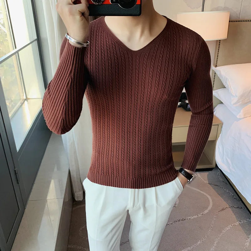 Winter Sweaters Men Korean Fashion Streetwear V-Neck Sweaters Solid Color Men Cashmere Sweater Woolen Slim Trends S-3XL