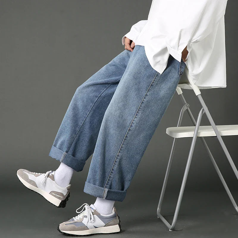 saferido New Street Casual Baggy Jeans Men's Korean Fashion Hip Hop Straight Wide Leg  Trousers Couple Denim Pants Black Light Blue