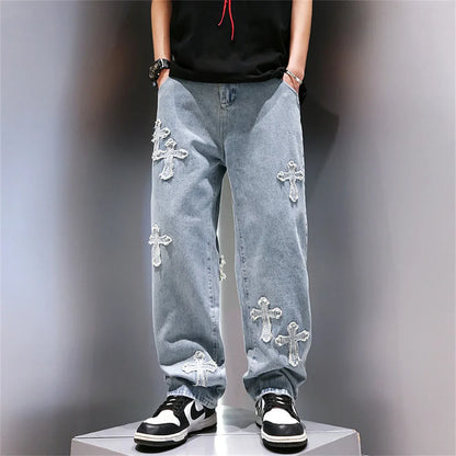 saferido High Street Jeans Men Cross Graphic Baggy Denim Pants Unisex Young Streetwear Blue Loose Punk Casual Fashion Y2k Trousers Summer