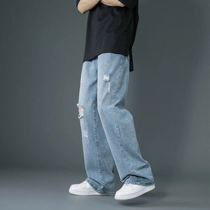 Spring and Summer New Style Is Thin Ripped Jeans Korean Street Fashion Loose Denim Trousers Baggy Blue Casual Pants