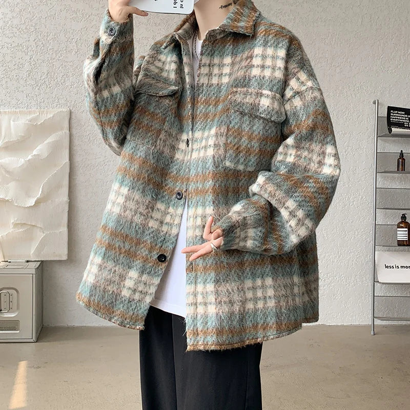 saferido Winter Short Woolen Coat Men Retro Thickened Woolen Jacket Men Korean Loose Plaid Woolen Coat Men Oversized Thick Jackets M-2XL