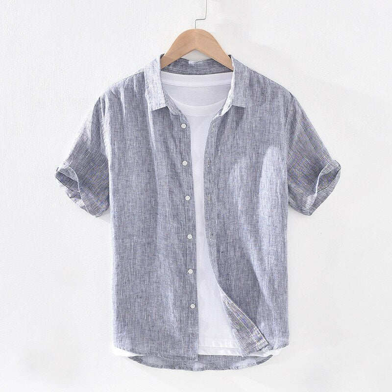 Pure Linen Short Sleeve Shirt for Men Summer New Japanese Fashion Tops Male Solid Gray Vintage Slim Fit Hemp Shirt