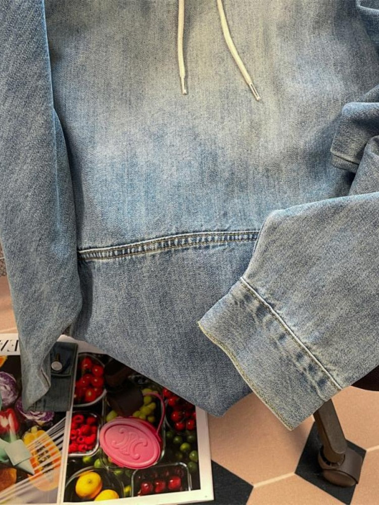 Vintage Denim Hoodies Women Harajuku Hip Hop Casual Oversized Sweatshirts Fashion Loose Long Sleeve Tops Coat Aesthetic