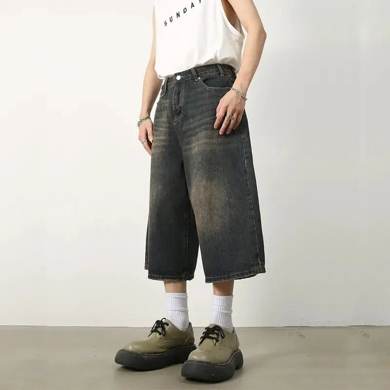 saferido American Retro Summer Calf-Length Denim Pants Jeans Men High Street Over Knee Wide Leg Straight Shorts Casual Oversized Shorts