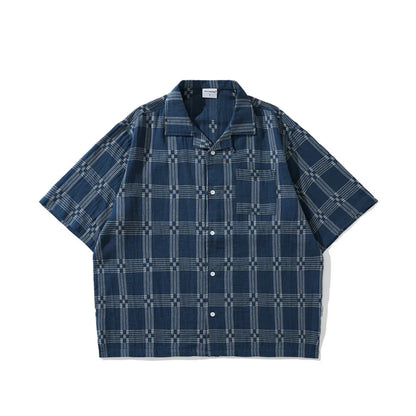 saferido Vintage Plaid Shirts Men American Simple Single Button Designed All-match Business Office Short Sleeve Tops Korean Fashion Chic