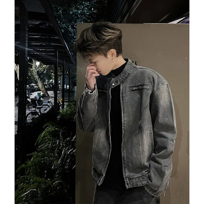 saferido Trendy American Style Vintage Cropped Jacket Men's Loose Fit Denim Clip-on Motorcycle Jacket Hiphop High Street Fashion