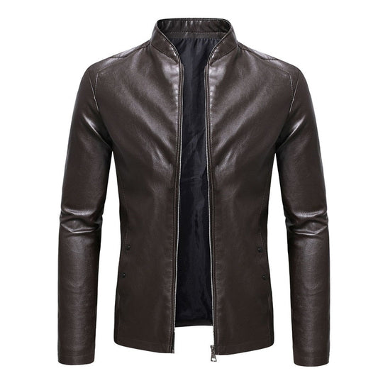 Men's Spring and Autumn New Business Casual Slim Long-sleeved Pu Leather Jacket Jacket Side Seam Pocket Zipper Solid Color