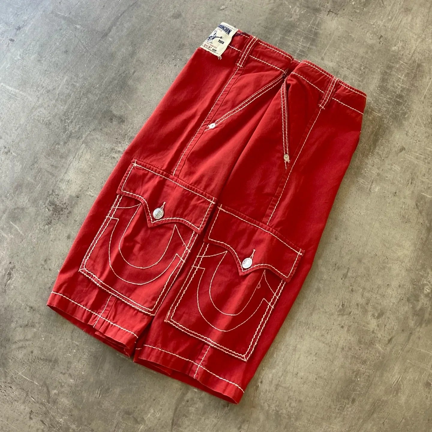 saferido Y2K New Line Embroidered Red Denim Mid Pants American Retro Gothic Jeans Men Street Hip Hop Harajuku Punk Loose Wide Legs Shorts