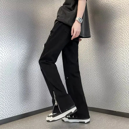 New Fashion Kpop Baggy Flared Jeans Cargo Y2K Pants Men Clothing Ankle Zipper Straight Korean Casual Cotton Long Trousers