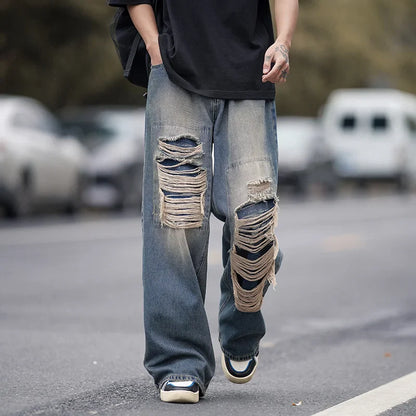 saferido American style torn jeans, men's summer washed and worn-out, loose Casual fitting wide leg straight tube mop, trendy high street pants