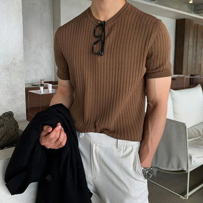 Spring Men's Clothing T Shirt for Men Short Sleeve Knitted Stretch Korean Style Solid Color Retro Summer Slim Fit Men's Top