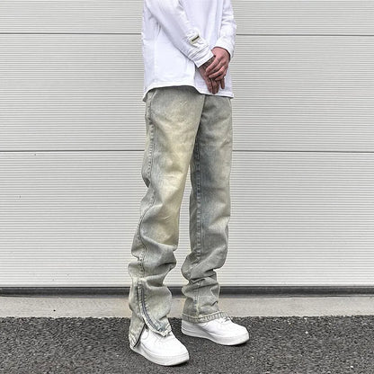 Streetwear Vibe Vintage Distressed Washed Trousers Jeans Yellow Mud Dyed Zipper Split Straight Jeans Men's and Women's Clothing