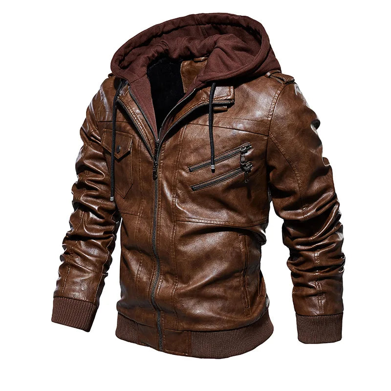 Men Brand Military Hooded Zipper Motorcycle Leather Jacket PU Leather Jackets Autumn Coat Plus Size S-5XL