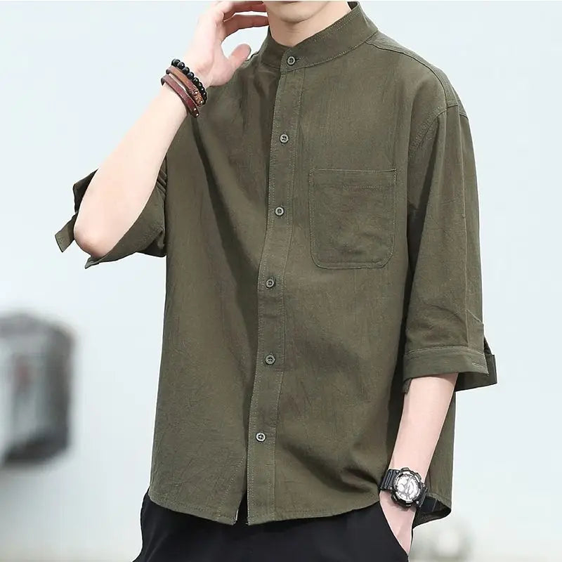 Men's Clothing New Solid Color Spring Summer Thin Fashion Casual Round Neck Loose Simplicity Handsome Button Pockets Shirts