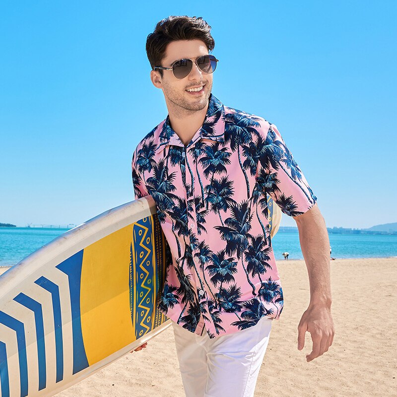 Summer Breathable Hawaiian Shirts Men Coconut Tree Printed Short Sleeve Button Down Vacation Chemise Homme Plus Size 3XL 4XL 5XL