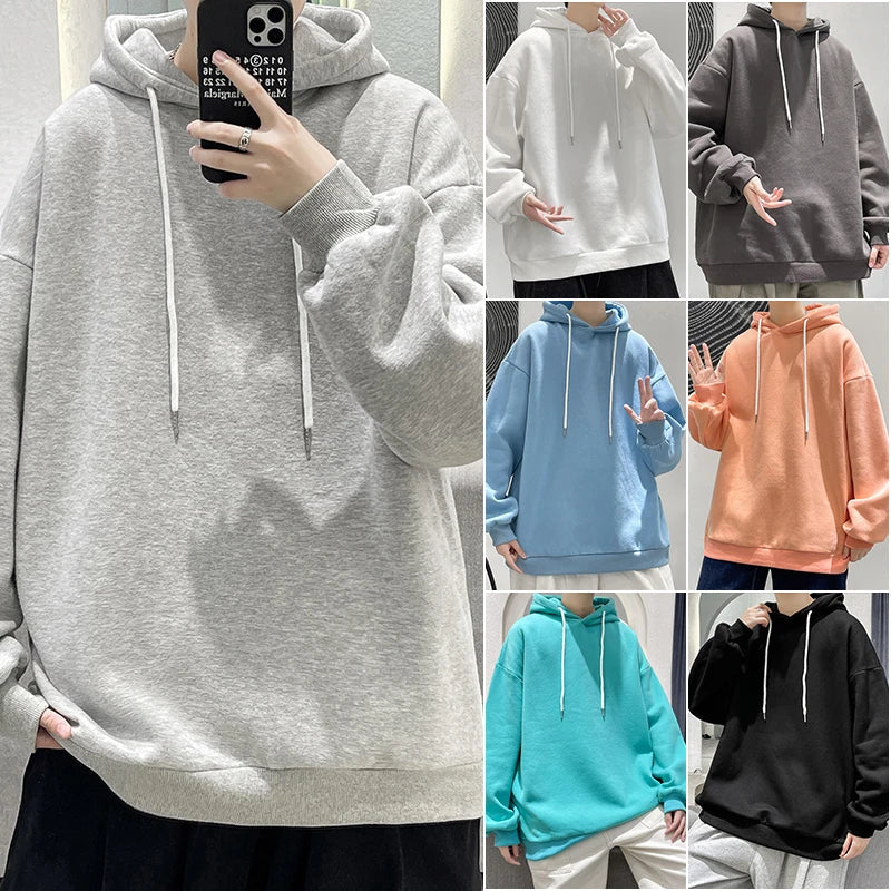 saferido Men's Multicolour Patternless Hooded Sweatshirt Korean Loose Large Size 5XL Casual  Long Sleeve Top Simple Unisex Style T-Shirt