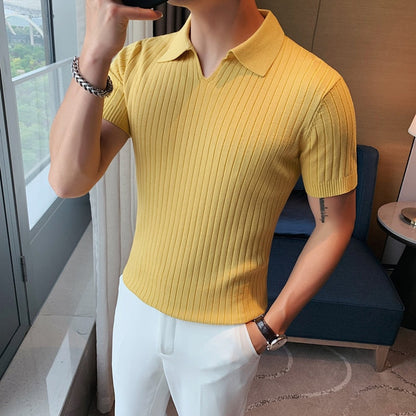 British Style Men's Summer Casual Short Sleeves Polo Shirts/Male Slim Fit High Quality Stripe Knitted V-neck Polo Shirts