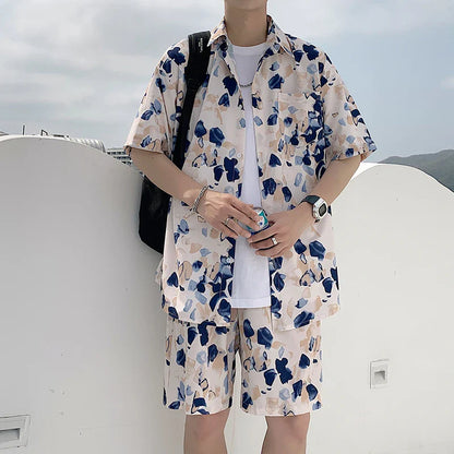 Summer Men Shorts Set Matching Shirts Letter Striped Floral Printing Outfits Short Sleeve Elastic Waist Thin Oversize Suit Man