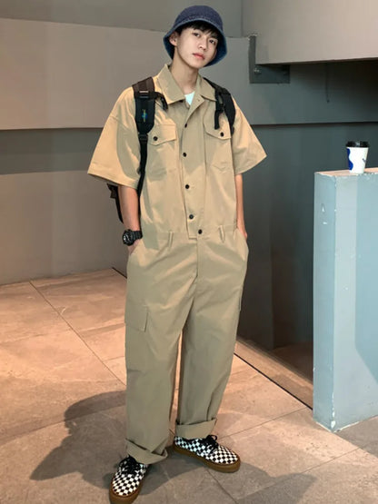 saferido 2024 Spring Summer Men's Jumpsuit Solid Overalls Loose Cargo Pants Vintage Fashion Casual Khaki Male Clothing