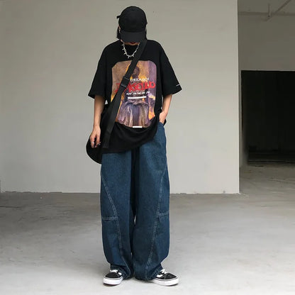 New Wide Leg Pants Men's Fashion Baggy Solid Color Stitching Trousers Harajuku Casual Loose Oversize Jeans Men Clothing Y2K