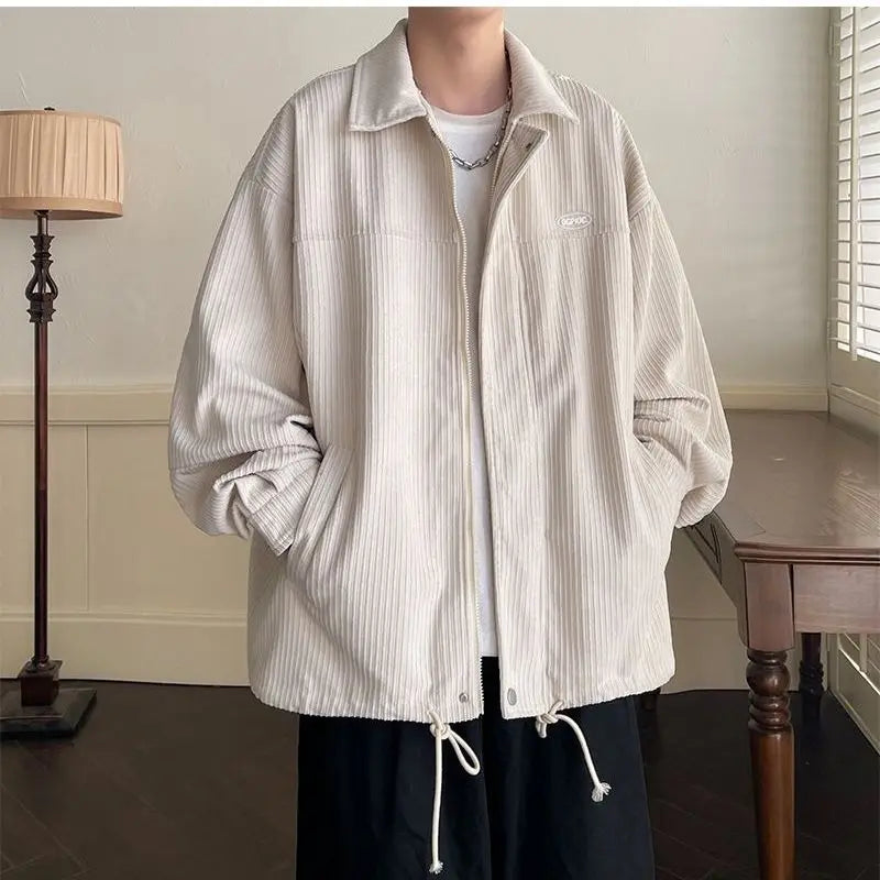 saferido Spring Fashion Men's Casual T-Shirt Loose Soft Versatile Tops Zipper Corduroy Jacket Coat Cool Boys Solid Printi Drawstring