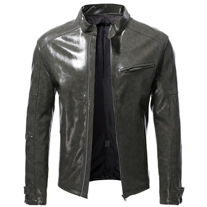 Men's Autumn New Shiny Leather Jacket Fashion Self-cultivation  Stand-up Collar Motorcycle Suit PU Handsome Short Top S-5XL