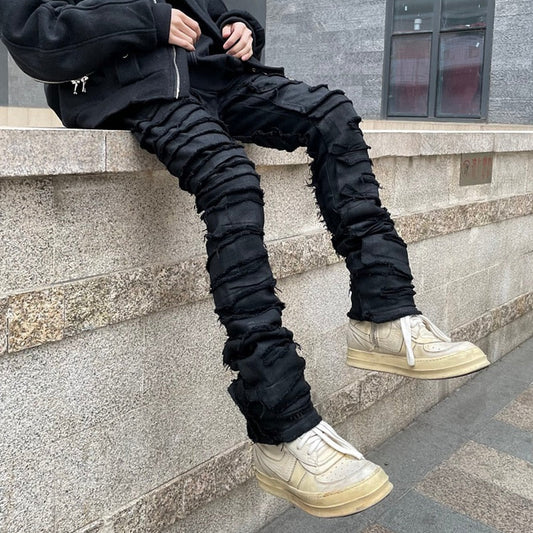 Heavy Industry Hole Frayed Destruction Waxed Jeans Mens High Street Retro Straight Ripped Pencil Pants Oversize Denim Trousers