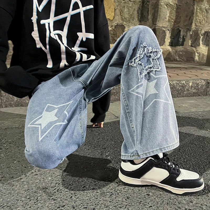 saferido Men Jeans Stars  2024 New Spring Vintage Y2K Simple Casual Loose Fashion Straight Wide Leg Oversize Pants Male Hip Hop Trousers