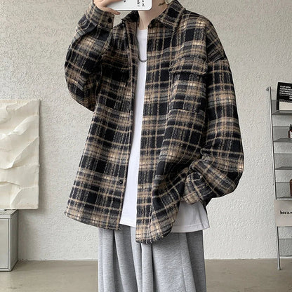 saferido Winter Short Woolen Coat Men Warm Oversized Retro Plaid Woolen Jacket Men Streetwear Korean Loose Thick Woolen Coat Mens Jackets