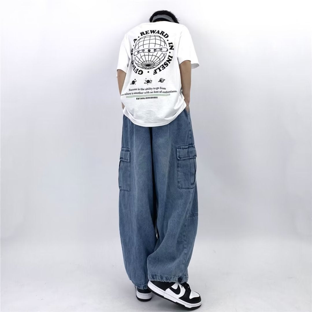 Vintage Y2K Streetwear Baggy Cargo Jeans High Waisted Straight Wide Leg Pants Fashion Loose Denim Trousers New Washed Jeans