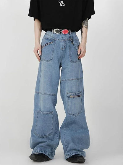 saferido Baggy Cargo Jeans Men Denim Wide Leg Trousers Male Oversize Casual Streetwear Hip Hop Pocket Zipper Safari Style