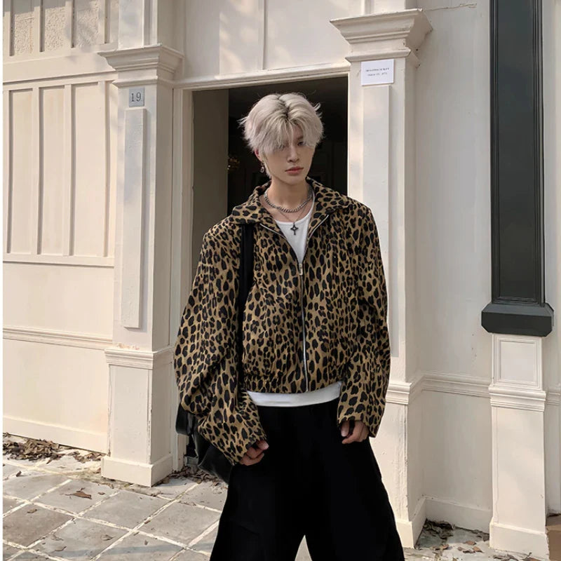 saferido 90s Streetwear Leopard Print Design with Curved Sleeves Short Jacket Men's Spring Autumn New Casual Jacket Top