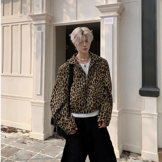 saferido 90s Streetwear Leopard Print Design with Curved Sleeves Short Jacket Men's Spring Autumn New Casual Jacket Top