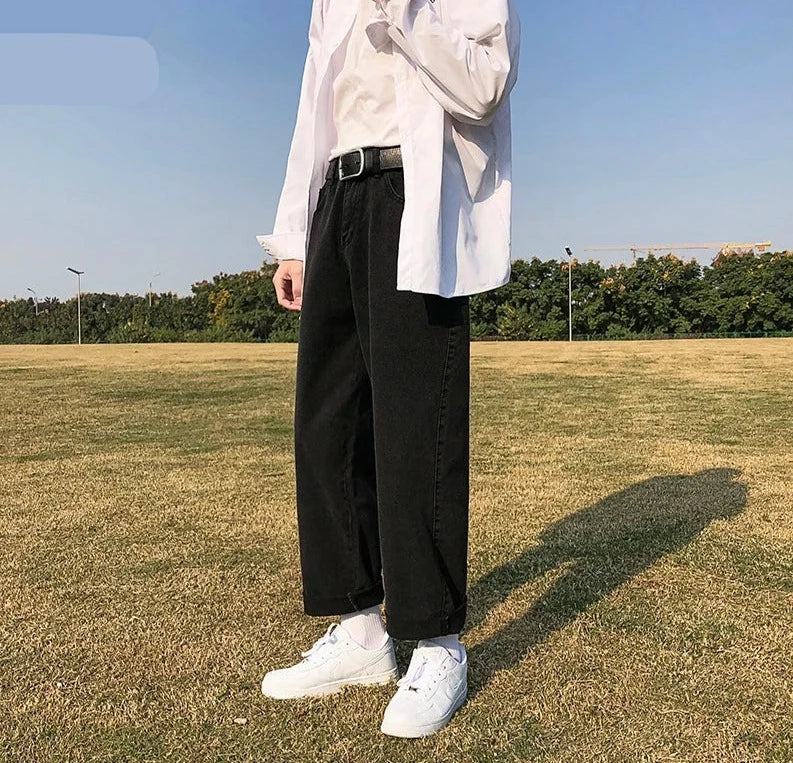 Spring and Autumn Men's Straight Hip Hop Jeans Streetwear Loose Casual Wide Leg Pants Male Brand Trousers Light Blue Black