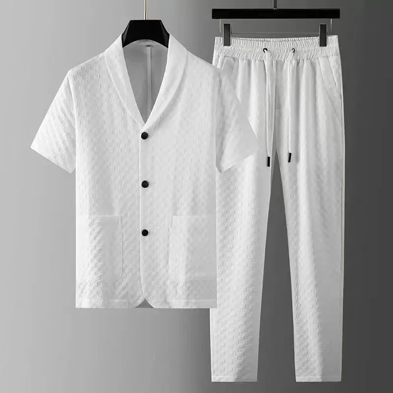 Fashion Men's Two Piece Sets Spring Summer Casual Short Sleeve Shirts Pants Suit Solid Geometry Pattern Printed Outfit Men