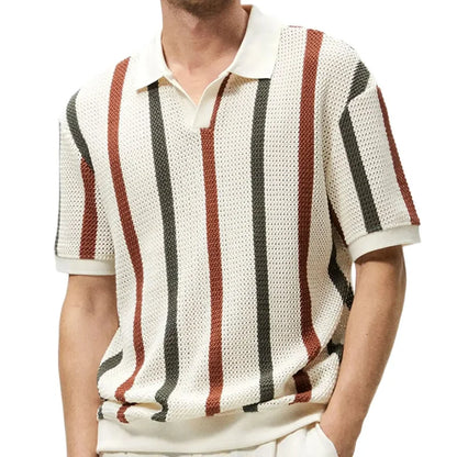 Summer Breathable Hollow Out Knit T Shirt Men Vintage Striped Print Knitted Polo Shirt Beach Casual Lapel Short Sleeve Tops Male