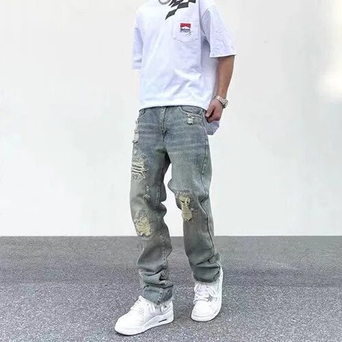 Street Wash Worn Cut Jeans Men's Summer Fashion Loose Straight Pants Traf Fall Guys