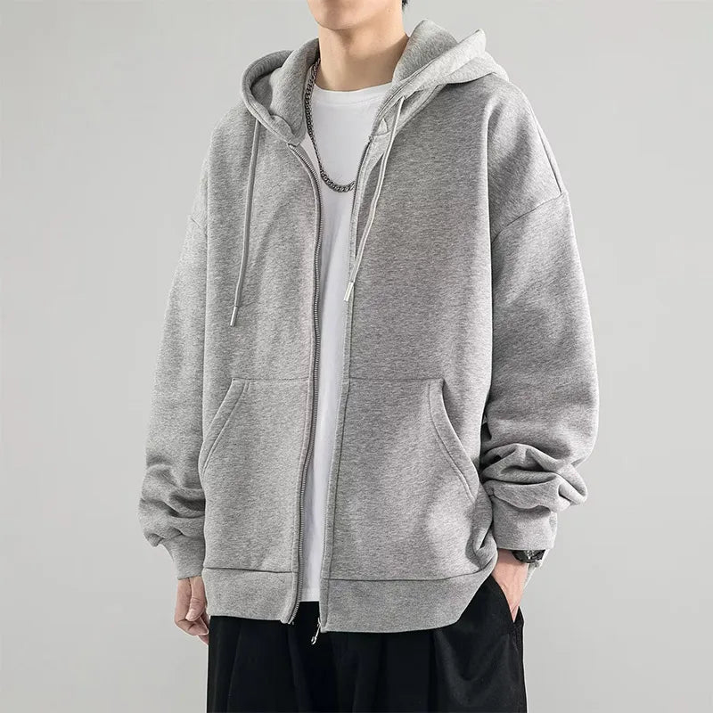 New Men's Jacket Sweatshirt  Autumn Casual Solid Zipper Pocket Hoodie Loose All-match Trend Tracksuit Cardigan Oversize Top