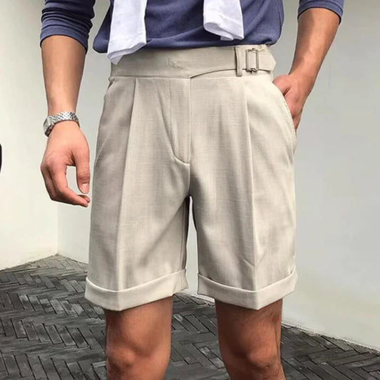 Vintage Lace-up High Waist Shorts Men Spring Summer Fashion Pure Color Loose Short Pant For Mens New Casual Straight Shorts Male