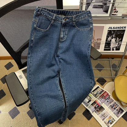 Spring New Men Baggy Jeans Korean Fashion Elastic Waist Classic Style Denim Ankle-Length Pants Neutral Wind Oversize Pants