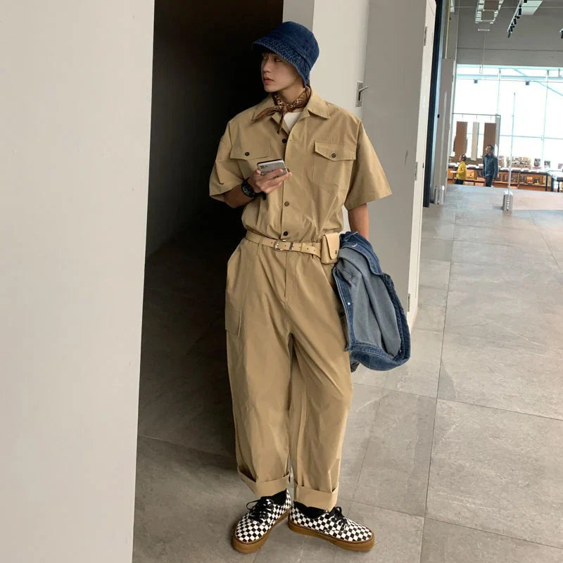 saferido 2024 Spring Summer Men's Jumpsuit Solid Overalls Loose Cargo Pants Vintage Fashion Casual Khaki Male Clothing