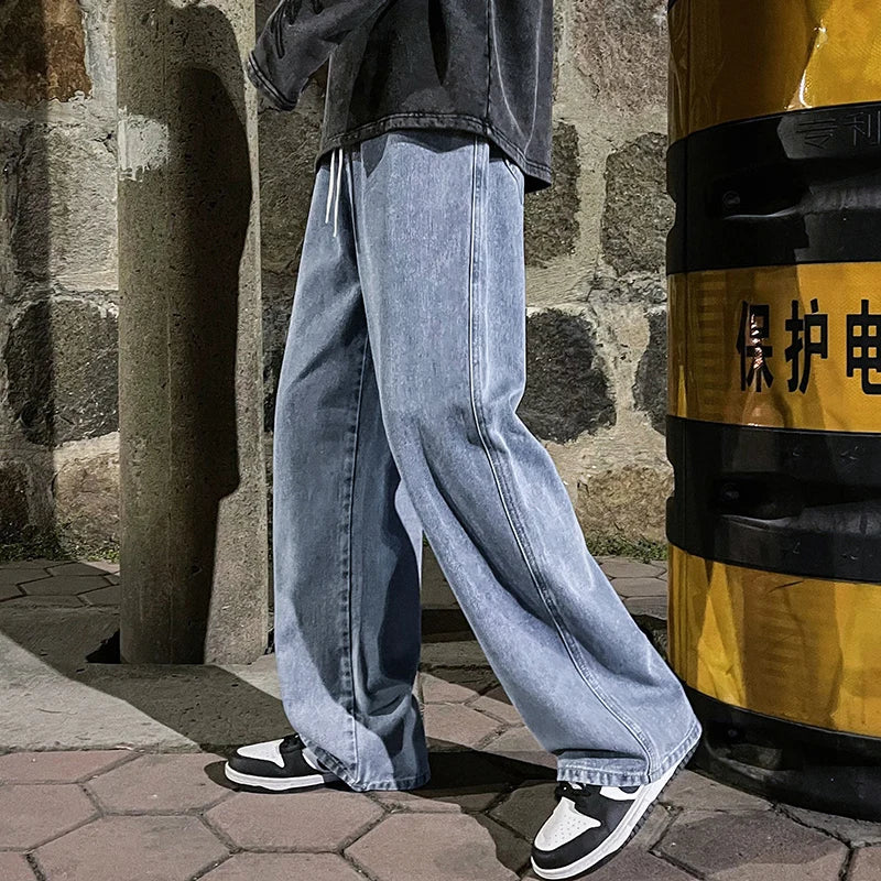 saferido Korean Fashion Men's Baggy Jeans Elastic Waist  Classic olid Color Straight-leg Denim Wide-leg Pants Male Light Blue Grey Black