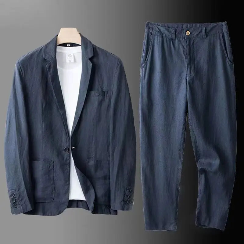 Spring Autumn Fashion Men Linen Two-piece Set Blazer Jacket + Pants Solid Slim Fit Casual Business Thin Clothing Breathable Suit