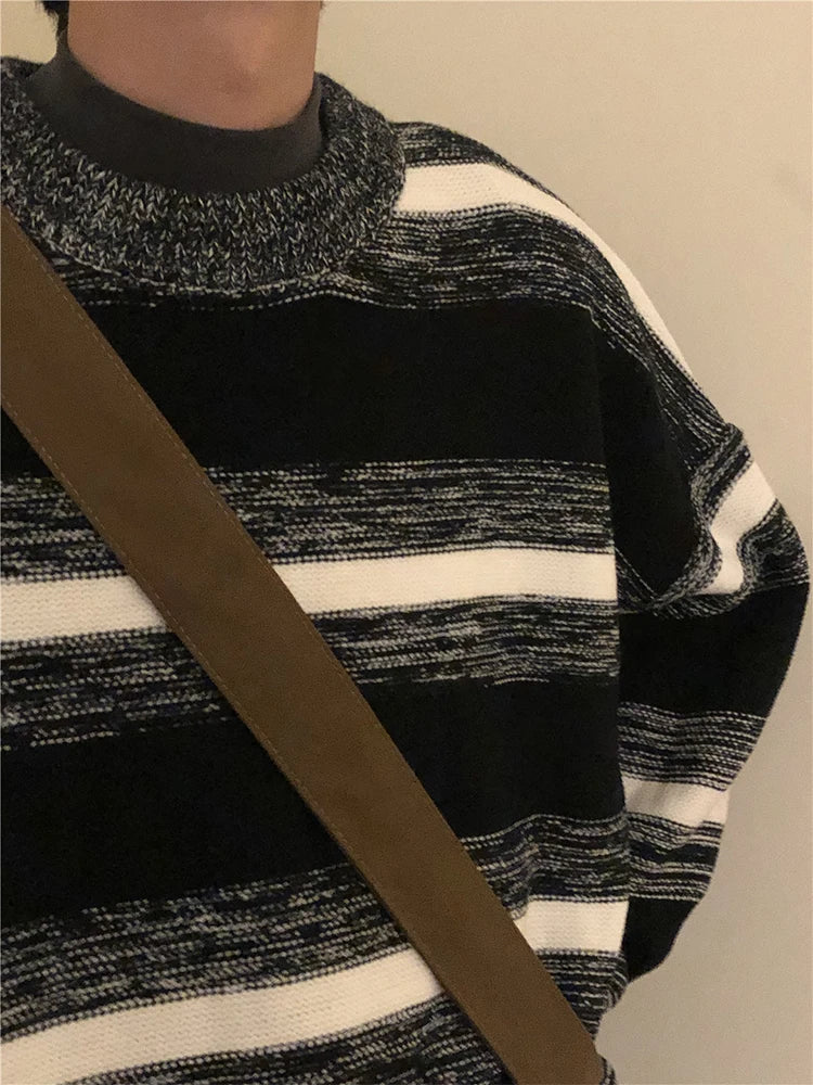 saferido Vintage Striped Men's Knitted Sweater Pullovers Black Distressed Sweaters Male Oversize Japanese Streetwear Hip Hop