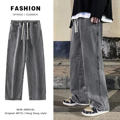 saferido Korean Fashion Loose Men Jeans Classic Straight Straight Baggy Wide Leg Trousers Casual Street Hip Hop Pants Black Grey Blue