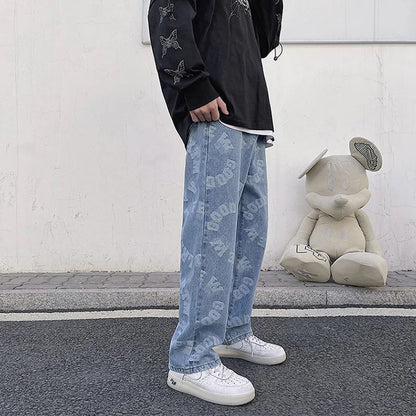 saferido Printing Men's Jeans High Street Fashion Wide Leg Pants Harajuku Streetwear Spring Autumn Denim Trousers Oversizde Male Clothing