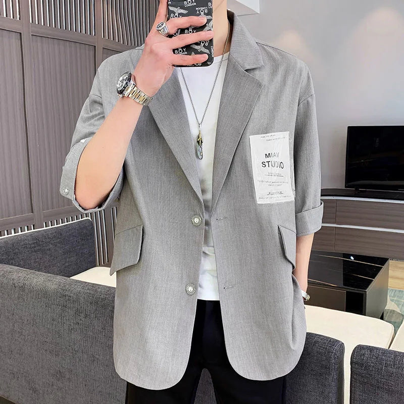 saferido Three-quarter Sleeve Blazers Loose Casual Suit Summer Oversize Patch Design Solid Jackets Classic Simple Trend  Male Clothes