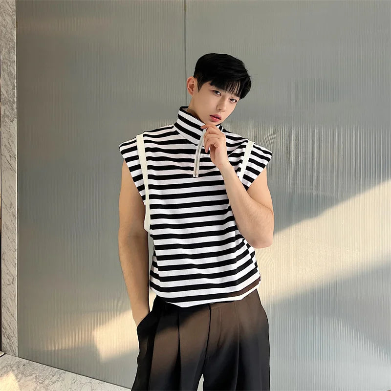 saferido Fashion Korean Summer Casual Men's Turtleneck Striped Vest New Loose Top Personality Half Zipper Sleeveless T-shirt Trend