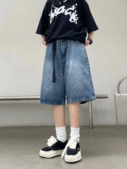 saferido High Street Retro Blue Jeans Shorts Summer New Baggy Wide Leg Denim Half Pants Fashion Streetwear Y2k Clothing Oversize Man