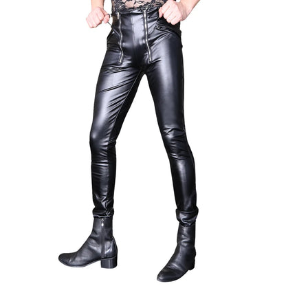 saferido New double zipper open pants men's PU leather pants Korean version personality raised silhouette tight motorcycle pants